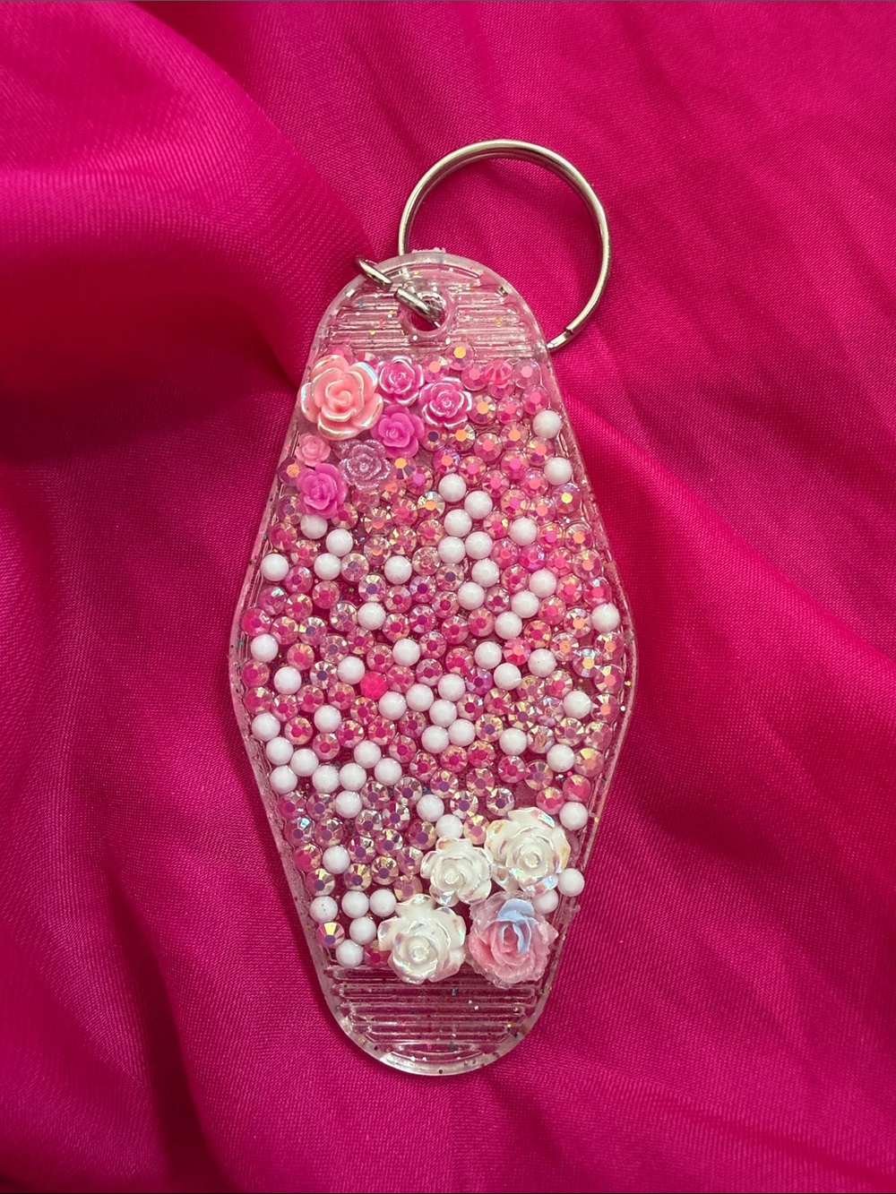 Pink Floral Glitter Resin Keychain - Women and Girls Accessories